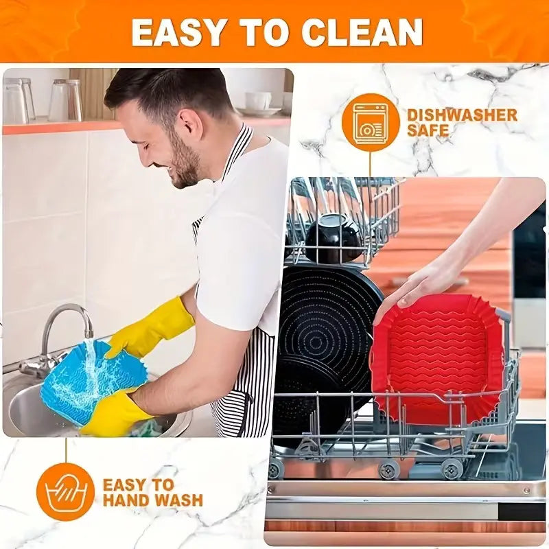 Kitchen Reusable Square Silicone Air Fryer Liners,1/ 2/4pcs Non-Stick Liners for 5-8QT Air Fryer Baskets, Heat-Resistant up to 464°F for Baking, Roasting, Microwave Use, Red+Blue