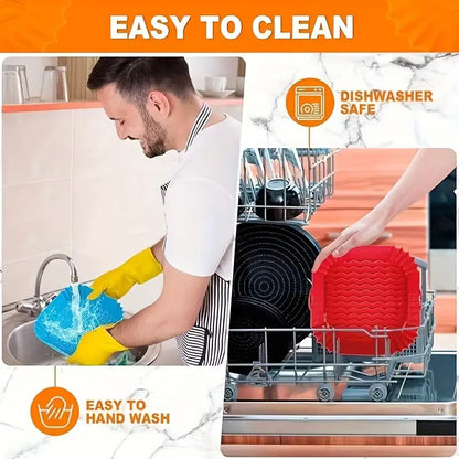 Kitchen Reusable Square Silicone Air Fryer Liners,1/ 2/4pcs Non-Stick Liners for 5-8QT Air Fryer Baskets, Heat-Resistant up to 464°F for Baking, Roasting, Microwave Use, Red+Blue