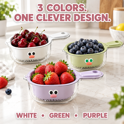 Cute Monster Double-Layer Drainer Basket | Effortless 2-in-1 Wash & Serving Bowl with Space-Saving Wall Mount