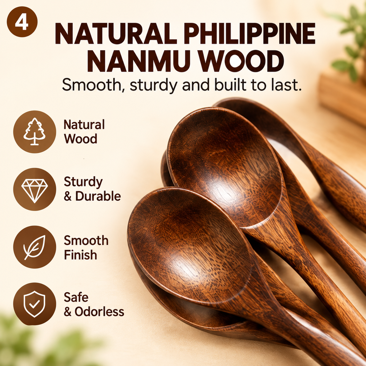 Japanese-style long-handled wooden spoon made of nanmu wood – ideal for rice, ramen, and desserts