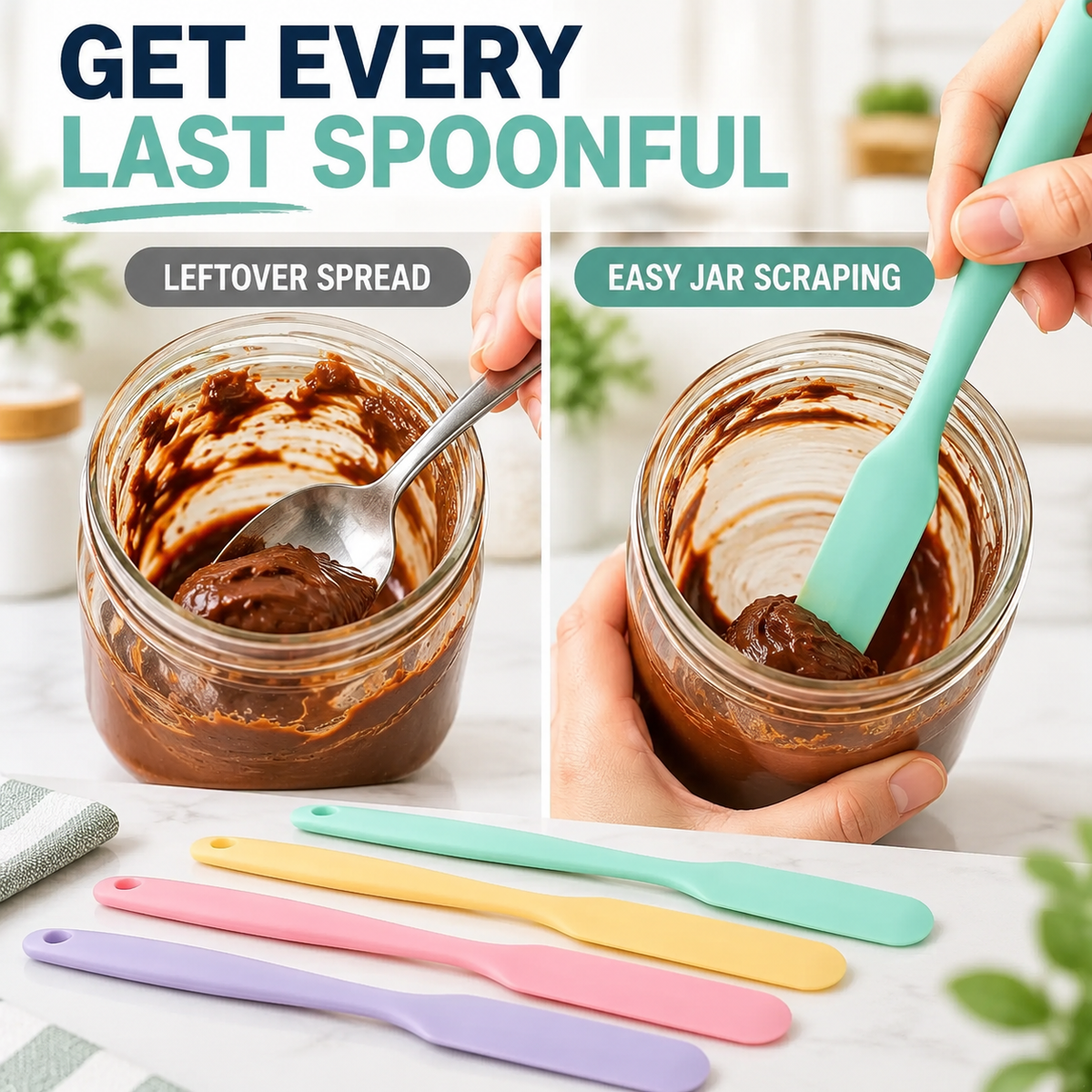 4-Piece Slim Silicone Jar Spatula Set – Long Handle Deep Reach Scrapers for Jars, Bottles & Containers