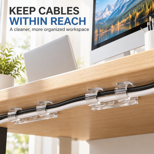 Desktop Cable Organizer with Adhesive Backing – Self-Adhesive Cable Management Clips for Network and Data Cables, Wire Routing and Tidy-up Solution