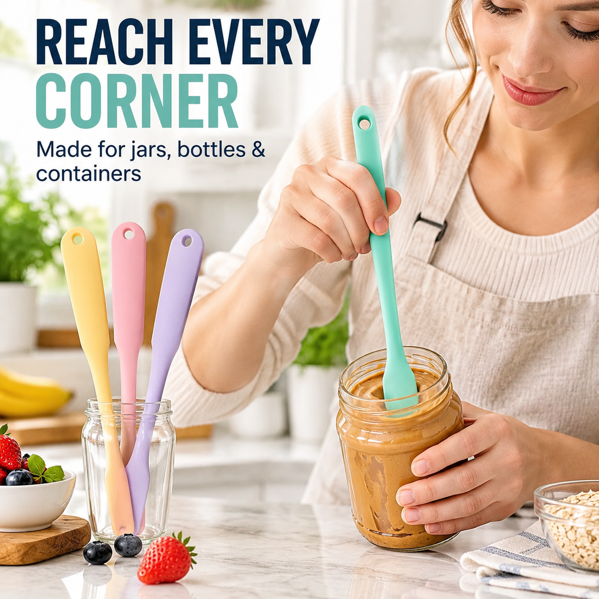 4-Piece Slim Silicone Jar Spatula Set – Long Handle Deep Reach Scrapers for Jars, Bottles & Containers