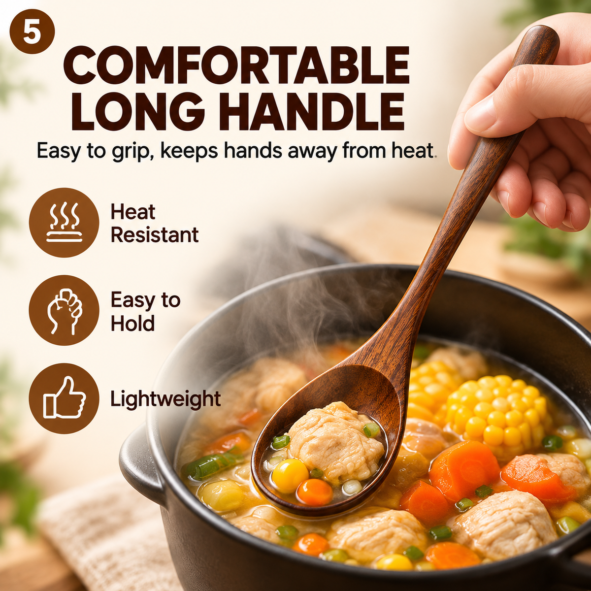 Japanese-style long-handled wooden spoon made of nanmu wood – ideal for rice, ramen, and desserts