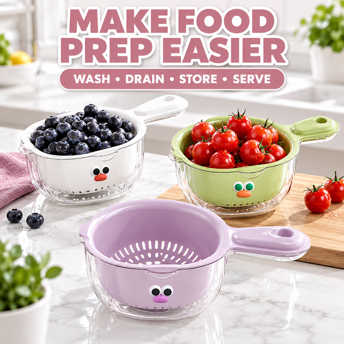 Cute Monster Double-Layer Drainer Basket | Effortless 2-in-1 Wash & Serving Bowl with Space-Saving Wall Mount