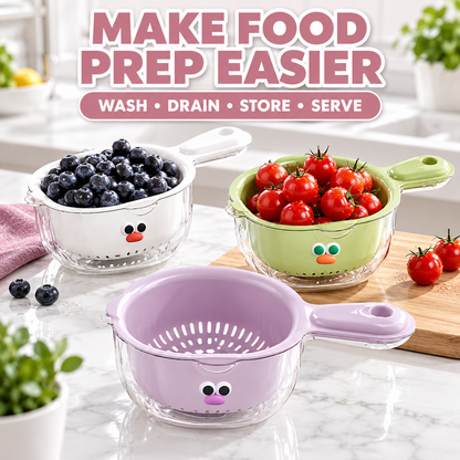 Cute Monster Double-Layer Drainer Basket | Effortless 2-in-1 Wash & Serving Bowl with Space-Saving Wall Mount
