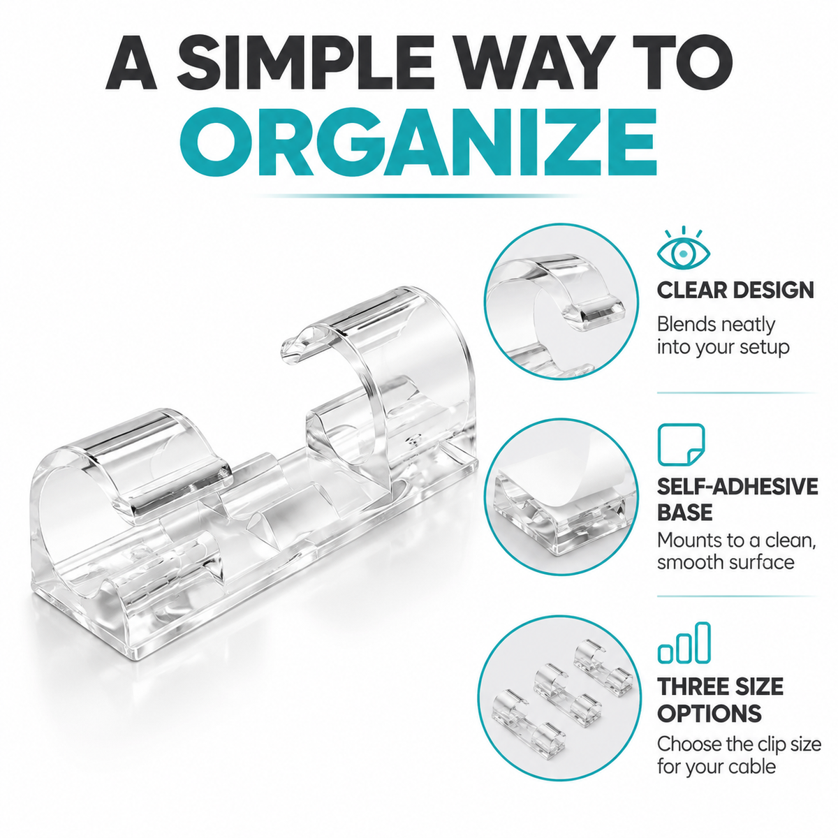 Desktop Cable Organizer with Adhesive Backing – Self-Adhesive Cable Management Clips for Network and Data Cables, Wire Routing and Tidy-up Solution