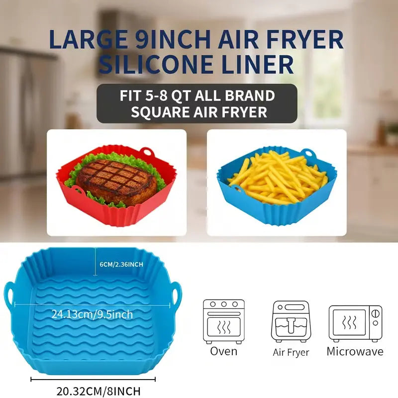 Kitchen Reusable Square Silicone Air Fryer Liners,1/ 2/4pcs Non-Stick Liners for 5-8QT Air Fryer Baskets, Heat-Resistant up to 464°F for Baking, Roasting, Microwave Use, Red+Blue