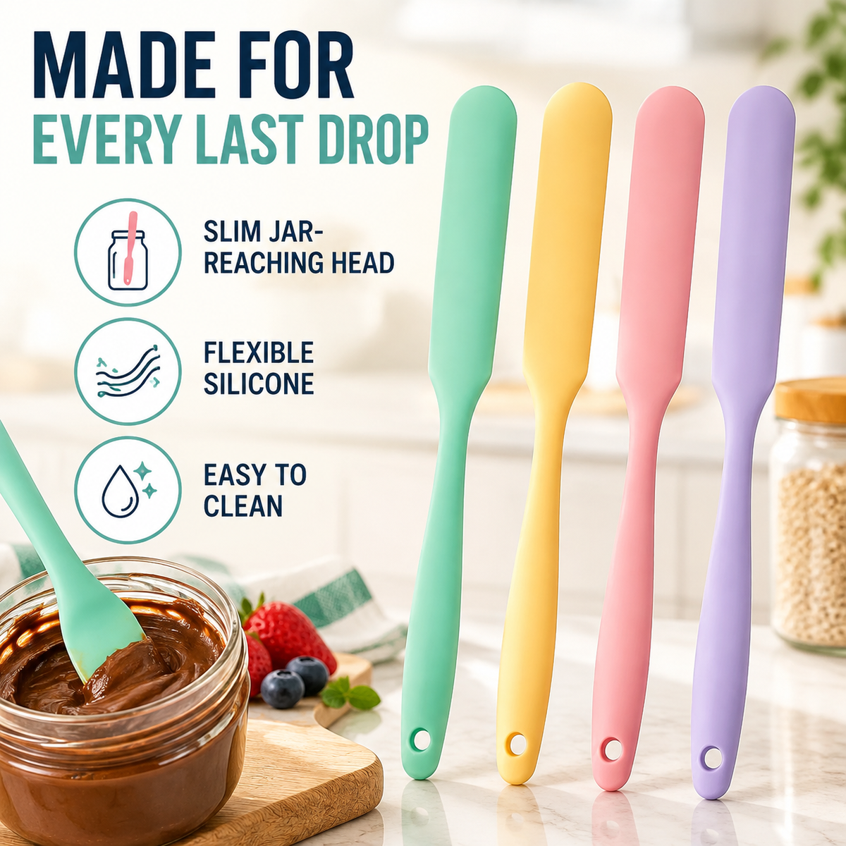 4-Piece Slim Silicone Jar Spatula Set – Long Handle Deep Reach Scrapers for Jars, Bottles & Containers
