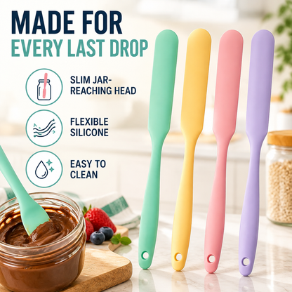 4-Piece Slim Silicone Jar Spatula Set – Long Handle Deep Reach Scrapers for Jars, Bottles & Containers