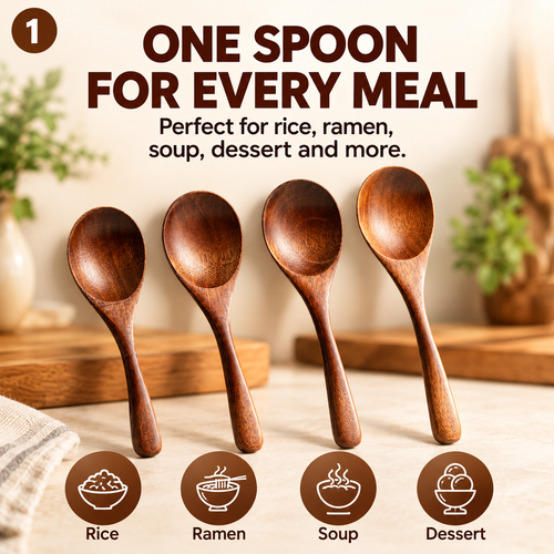 Japanese-style long-handled wooden spoon made of nanmu wood – ideal for rice, ramen, and desserts