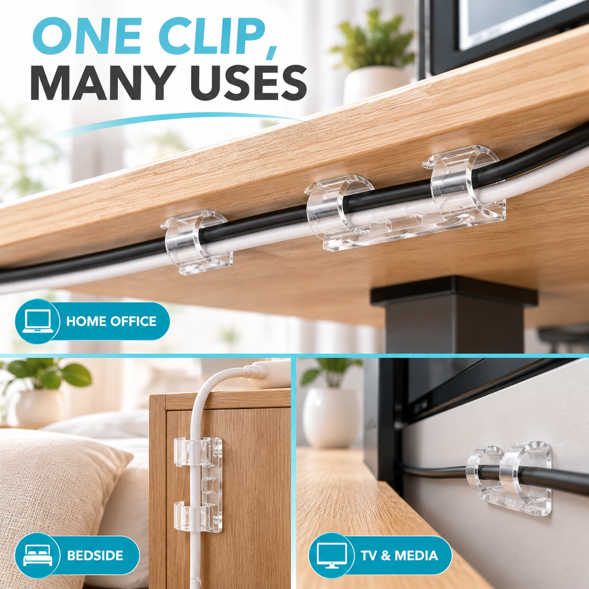 Desktop Cable Organizer with Adhesive Backing – Self-Adhesive Cable Management Clips for Network and Data Cables, Wire Routing and Tidy-up Solution