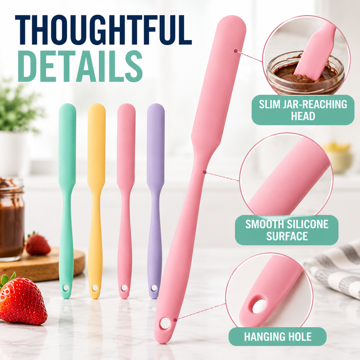 4-Piece Slim Silicone Jar Spatula Set – Long Handle Deep Reach Scrapers for Jars, Bottles & Containers