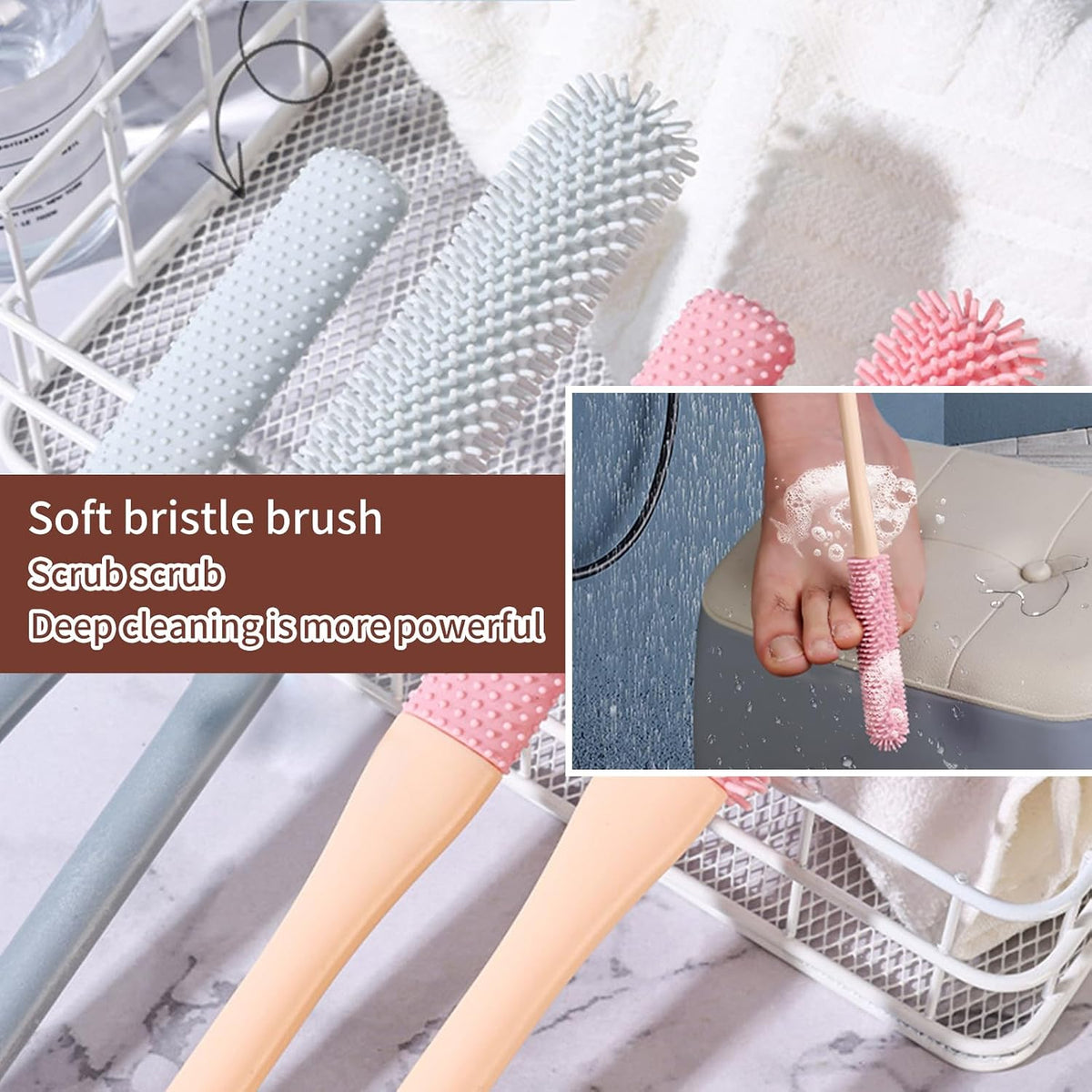 Long Handled Silicone Toe Gap Cleaning Brush, Soft Rubber Exfoliating Foot Scrubber for Shower, Crevice Cleaner for Seniors, Elderly, Men and Women