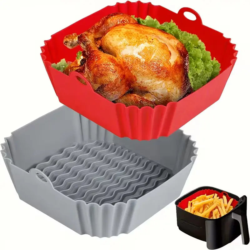 Kitchen Reusable Square Silicone Air Fryer Liners,1/ 2/4pcs Non-Stick Liners for 5-8QT Air Fryer Baskets, Heat-Resistant up to 464°F for Baking, Roasting, Microwave Use, Red+Blue