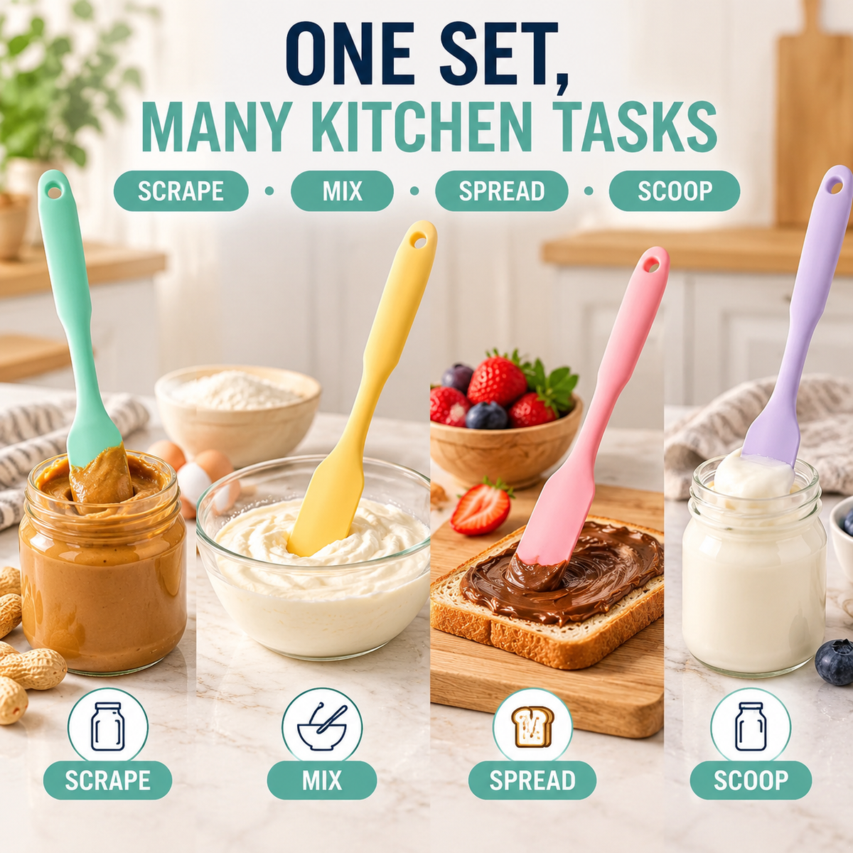 4-Piece Slim Silicone Jar Spatula Set – Long Handle Deep Reach Scrapers for Jars, Bottles & Containers