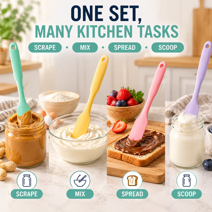 4-Piece Slim Silicone Jar Spatula Set – Long Handle Deep Reach Scrapers for Jars, Bottles & Containers