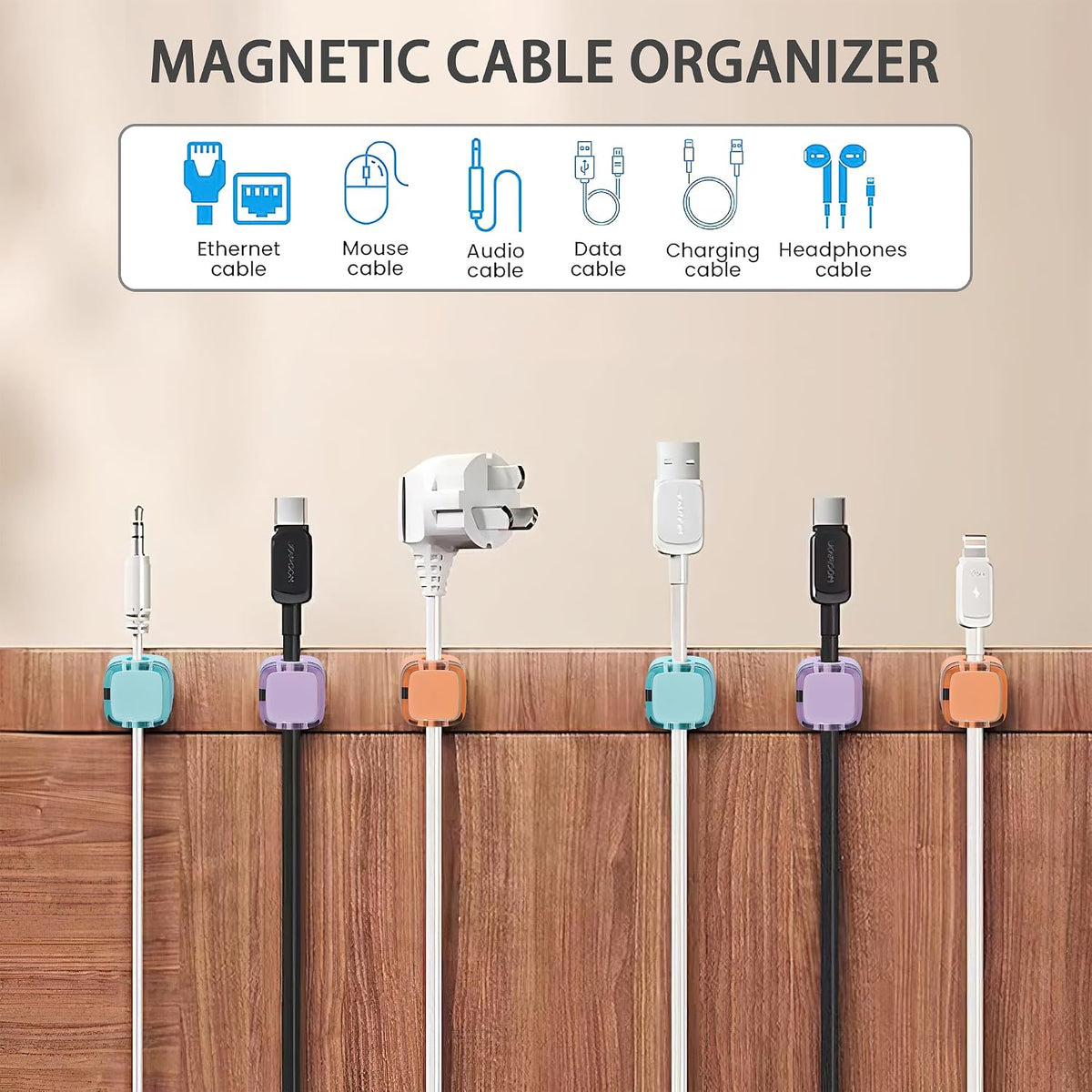 3 Pack Magnetic Cord Organizer & Cable Clips - Adjustable Under Desk Cable Management, Adhesive Wire Holder for Home, Office, Phone, Car, Wall, and Nightstand (Color Mixed)