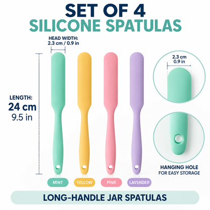 4-Piece Slim Silicone Jar Spatula Set – Long Handle Deep Reach Scrapers for Jars, Bottles & Containers