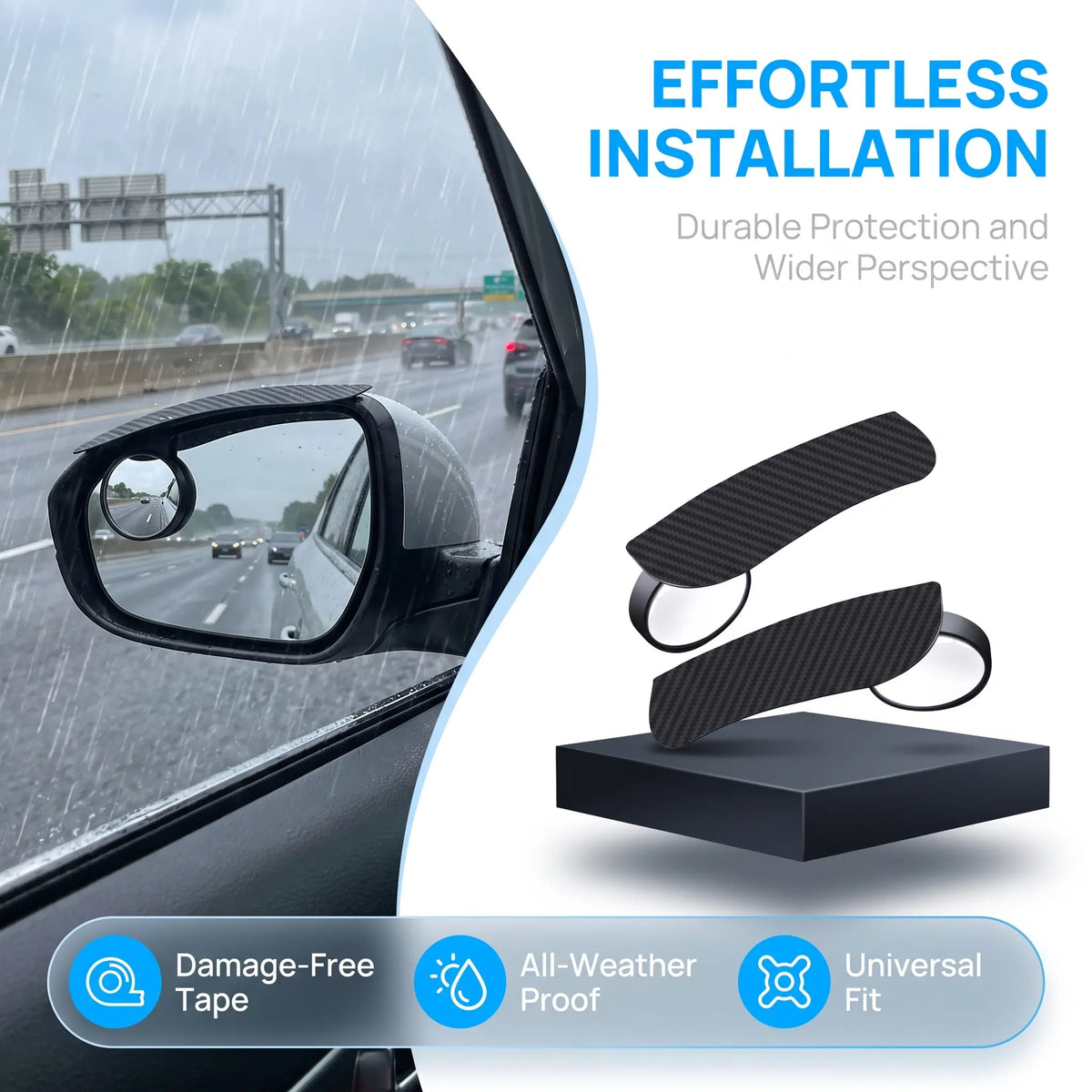 Car Rearview Mirror Rain Visor with Integrated Blind-Spot Mirror – Waterproof, Snap-On Rain Guard/Shield