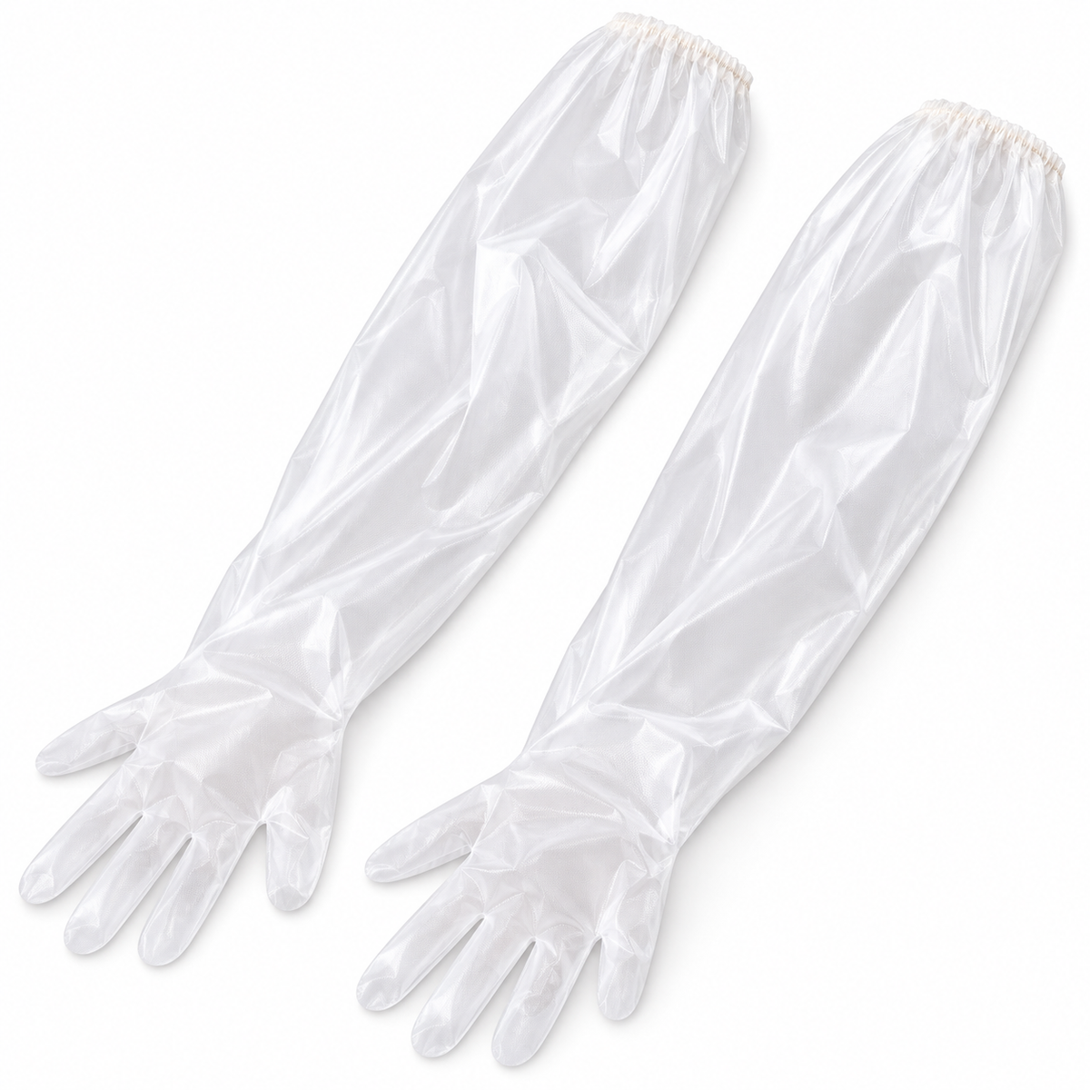 Thickened, food-grade, extra-long disposable CPE gloves with extended arm protection—waterproof, ideal for kitchen dishwashing and household chores.