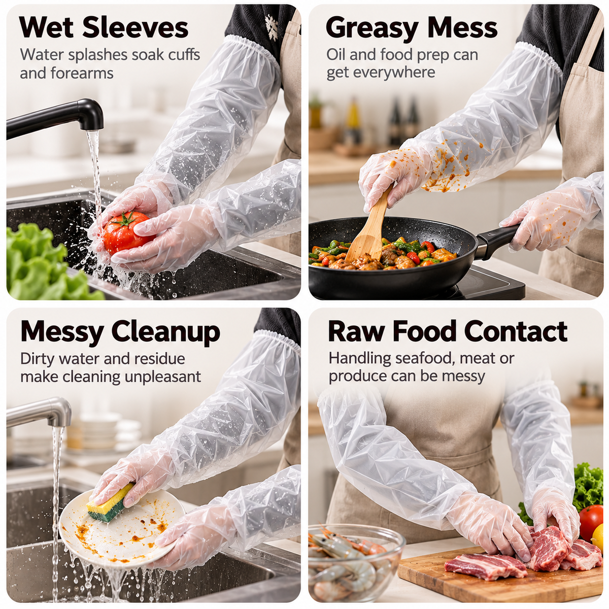 Thickened, food-grade, extra-long disposable CPE gloves with extended arm protection—waterproof, ideal for kitchen dishwashing and household chores.