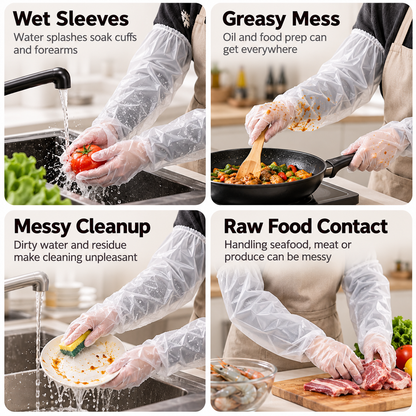Thickened, food-grade, extra-long disposable CPE gloves with extended arm protection—waterproof, ideal for kitchen dishwashing and household chores.