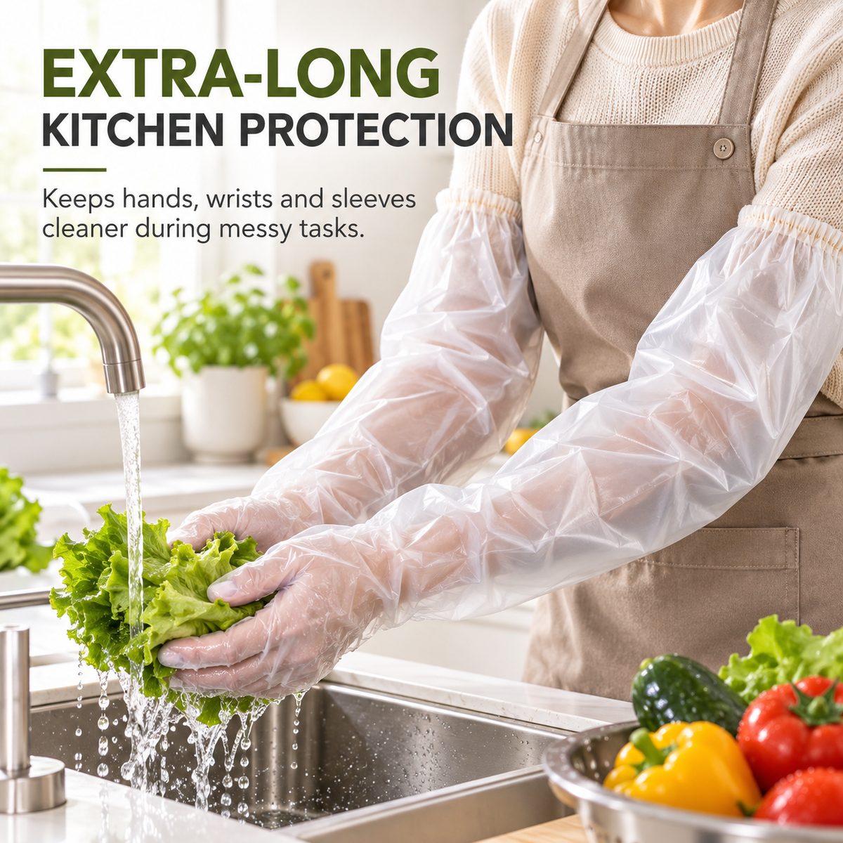 Thickened, food-grade, extra-long disposable CPE gloves with extended arm protection—waterproof, ideal for kitchen dishwashing and household chores.