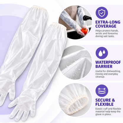Thickened, food-grade, extra-long disposable CPE gloves with extended arm protection—waterproof, ideal for kitchen dishwashing and household chores.