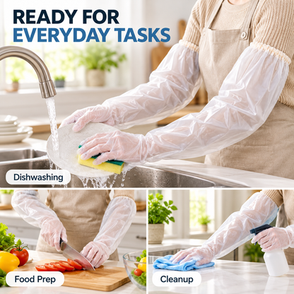 Thickened, food-grade, extra-long disposable CPE gloves with extended arm protection—waterproof, ideal for kitchen dishwashing and household chores.