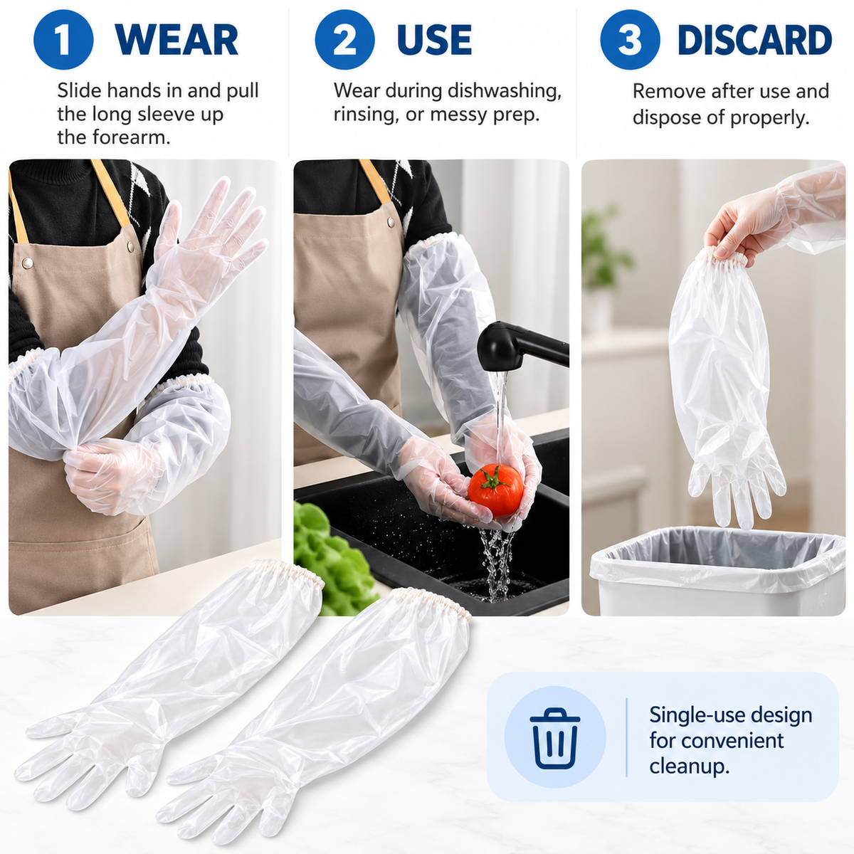 Thickened, food-grade, extra-long disposable CPE gloves with extended arm protection—waterproof, ideal for kitchen dishwashing and household chores.
