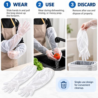 Thickened, food-grade, extra-long disposable CPE gloves with extended arm protection—waterproof, ideal for kitchen dishwashing and household chores.