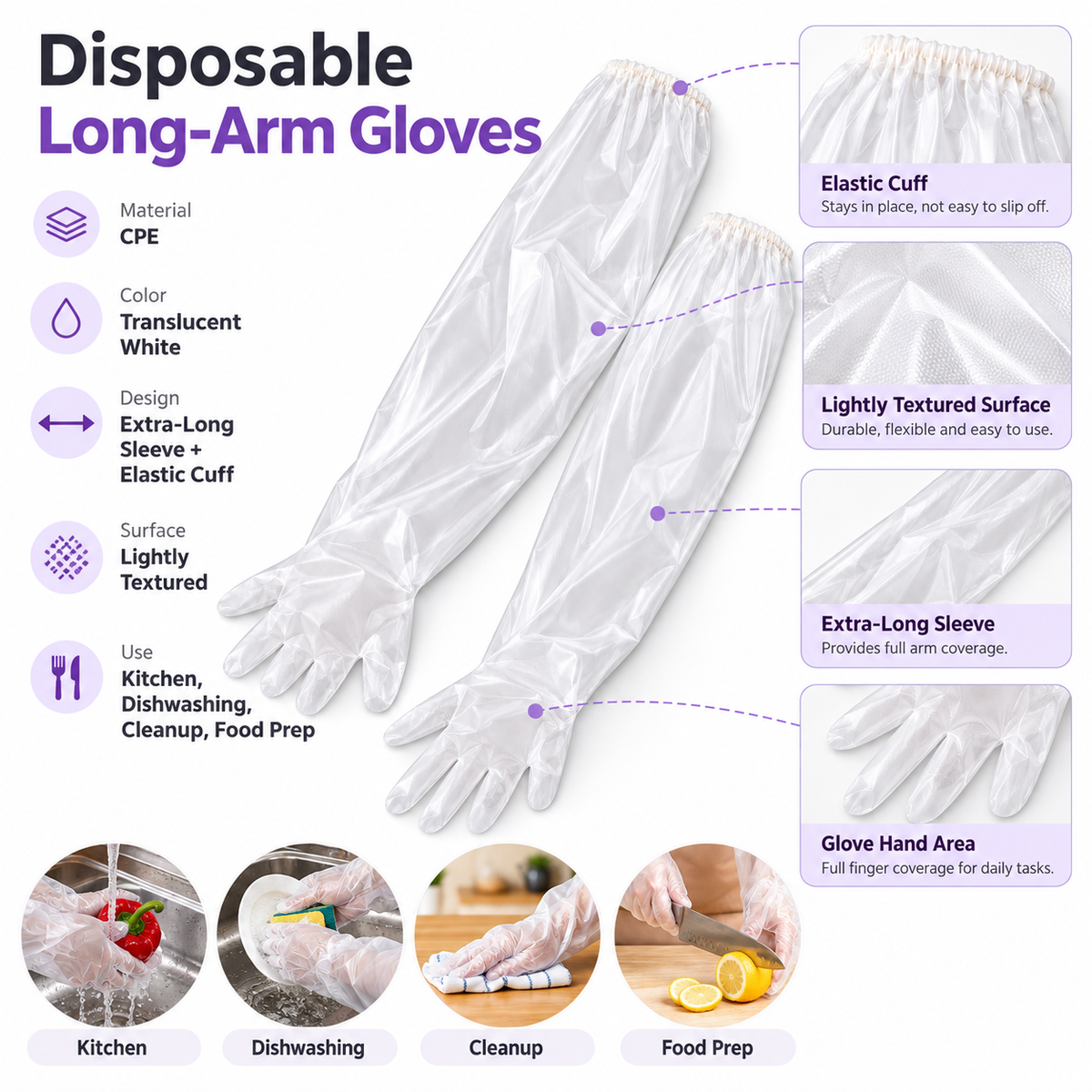 Thickened, food-grade, extra-long disposable CPE gloves with extended arm protection—waterproof, ideal for kitchen dishwashing and household chores.