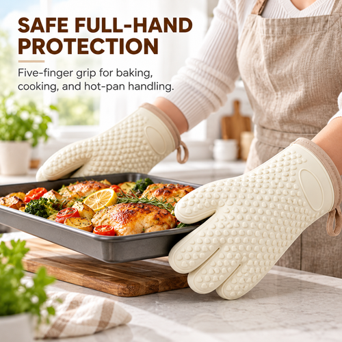 Thickened, heat-resistant, anti-slip silicone oven mitts for baking and microwave use—designed for kitchen and oven safety.