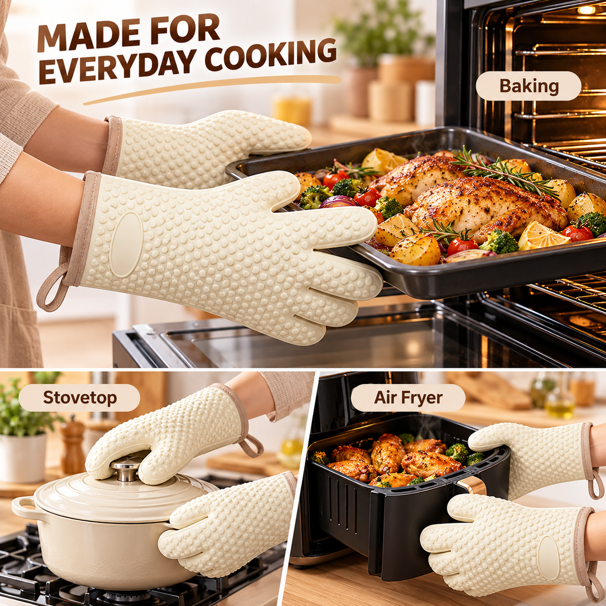 Thickened, heat-resistant, anti-slip silicone oven mitts for baking and microwave use—designed for kitchen and oven safety.