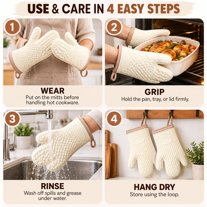 Thickened, heat-resistant, anti-slip silicone oven mitts for baking and microwave use—designed for kitchen and oven safety.