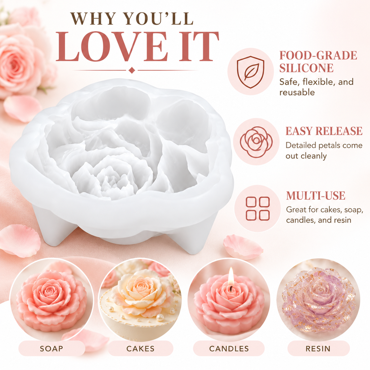 3D Rose Silicone Cake Mold – Flower-Shaped Dessert, Jelly & Chocolate Mould for Beautiful Homemade Treats