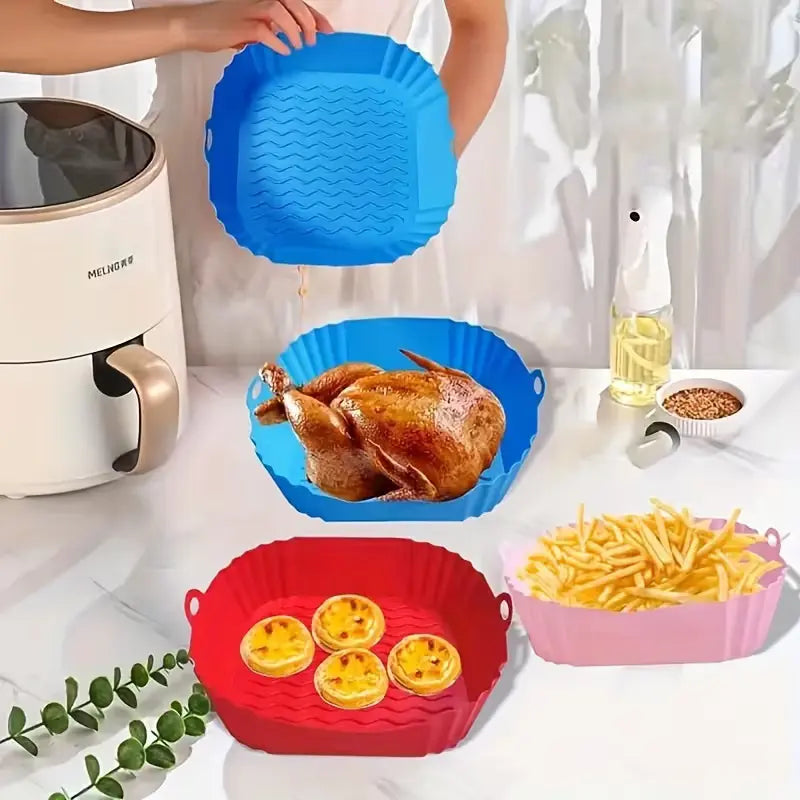 Kitchen Reusable Square Silicone Air Fryer Liners,1/ 2/4pcs Non-Stick Liners for 5-8QT Air Fryer Baskets, Heat-Resistant up to 464°F for Baking, Roasting, Microwave Use, Red+Blue