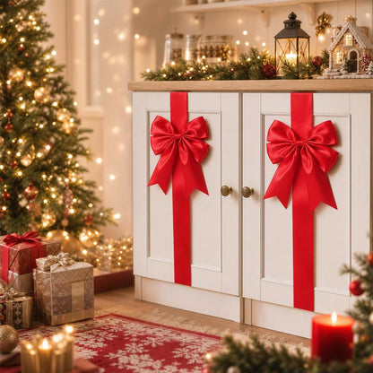 🎄 Christmas Cabinet Ribbon Bows – Elegant Red Satin Kitchen & Door Decorations | Easy to Install