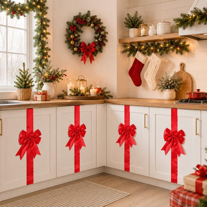 🎄 Christmas Cabinet Ribbon Bows – Elegant Red Satin Kitchen & Door Decorations | Easy to Install