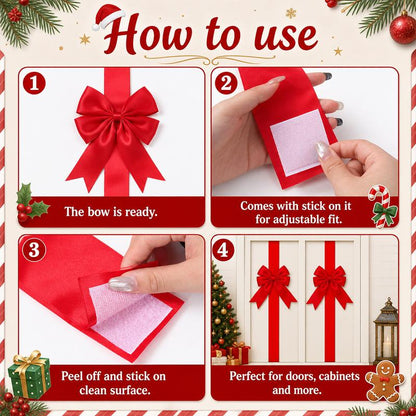 🎄 Christmas Cabinet Ribbon Bows – Elegant Red Satin Kitchen & Door Decorations | Easy to Install