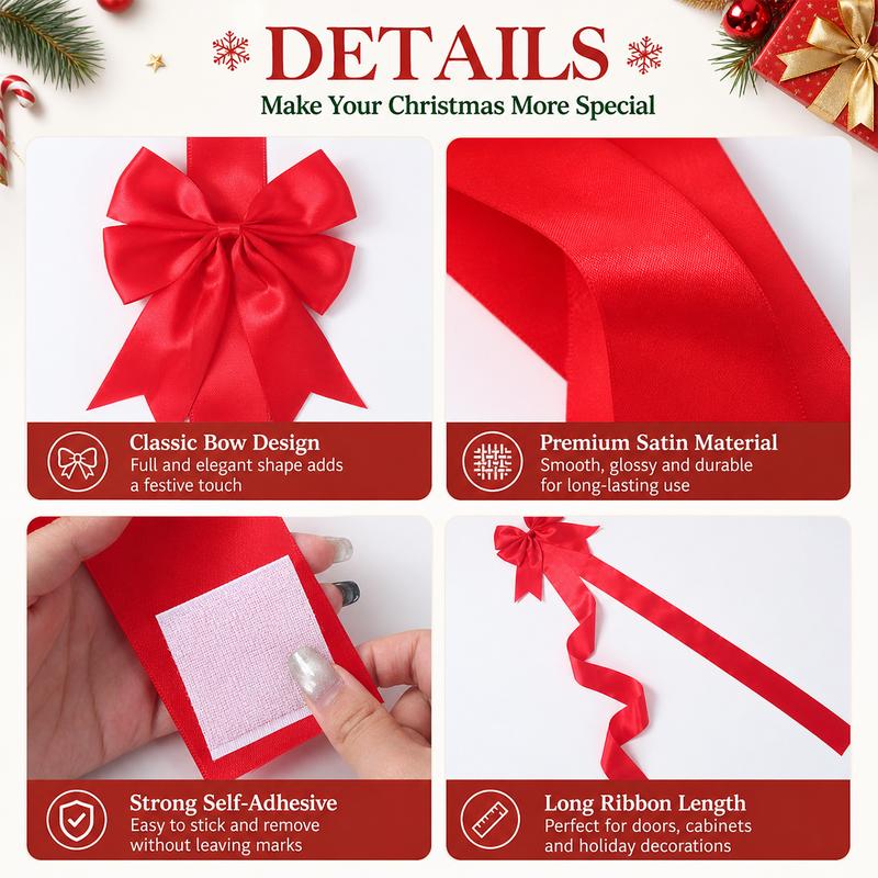 🎄 Christmas Cabinet Ribbon Bows – Elegant Red Satin Kitchen & Door Decorations | Easy to Install