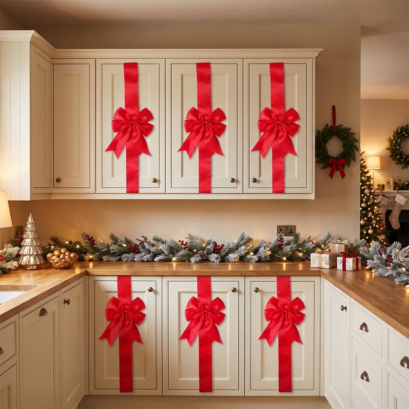 🎄 Christmas Cabinet Ribbon Bows – Elegant Red Satin Kitchen & Door Decorations | Easy to Install