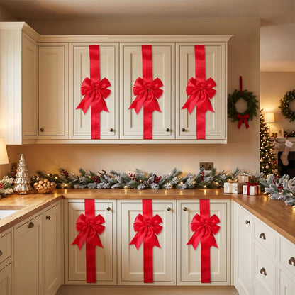 🎄 Christmas Cabinet Ribbon Bows – Elegant Red Satin Kitchen & Door Decorations | Easy to Install