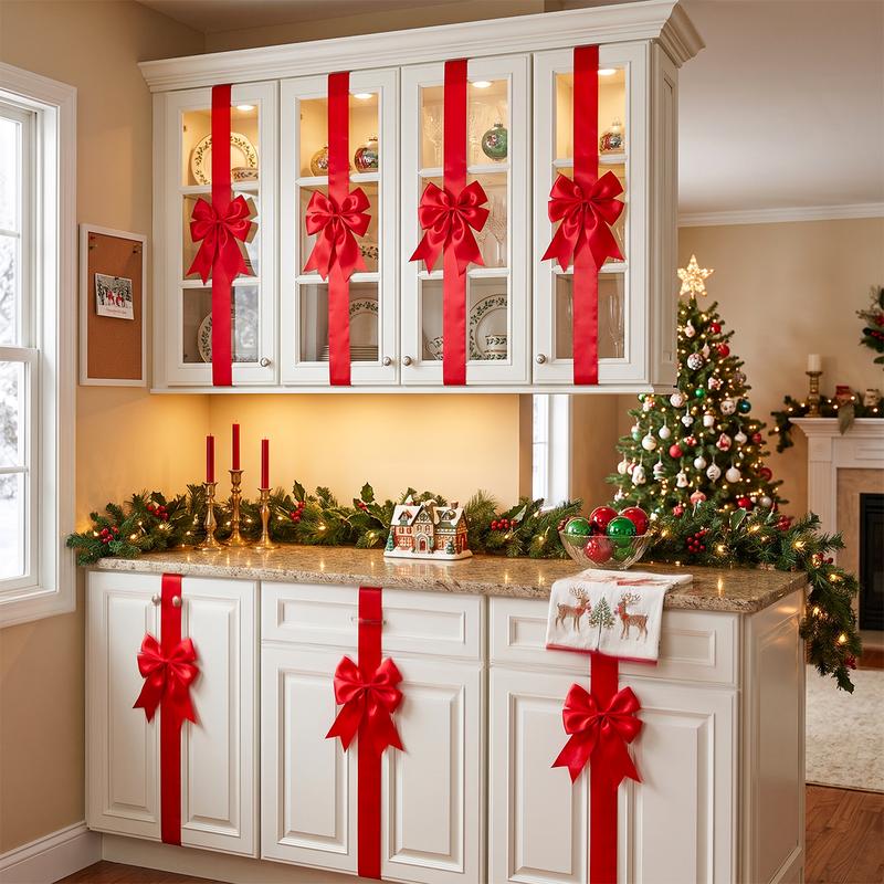 🎄 Christmas Cabinet Ribbon Bows – Elegant Red Satin Kitchen & Door Decorations | Easy to Install