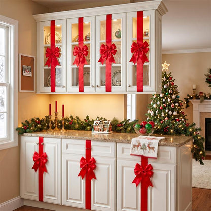 🎄 Christmas Cabinet Ribbon Bows – Elegant Red Satin Kitchen & Door Decorations | Easy to Install